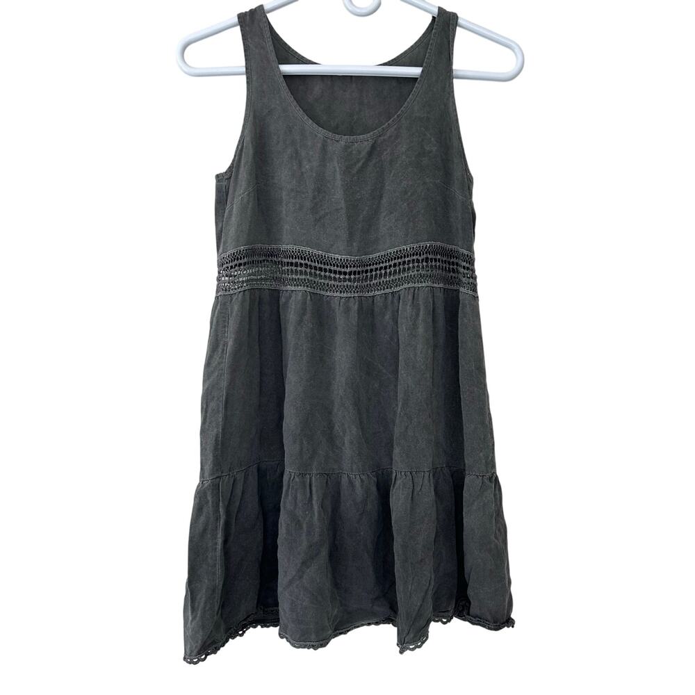 En Creme Washed Gray Crochet Waist Sleeveless Tiered tunic tank top boho XS